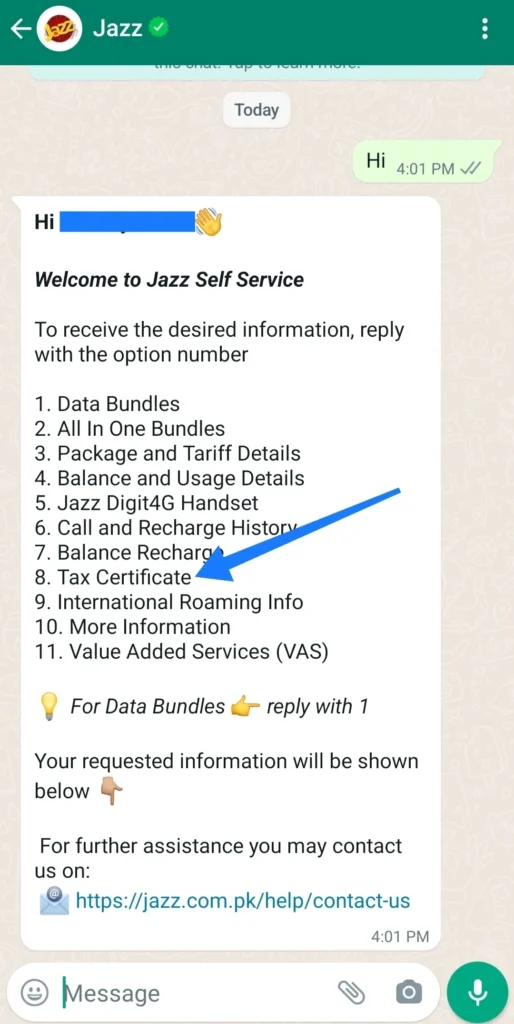 How to get Jazz tax Certificate via Whatsapp